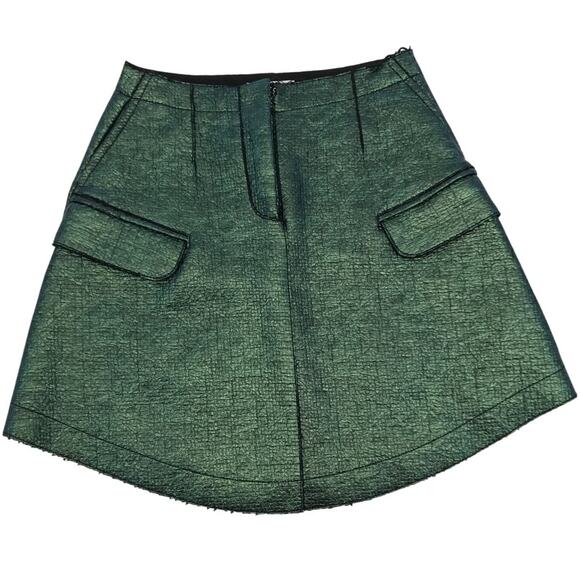 Carven Cargo Mini Skirt Size 38 Textured Green Metallic Curved Hem - Picture 3 of 10